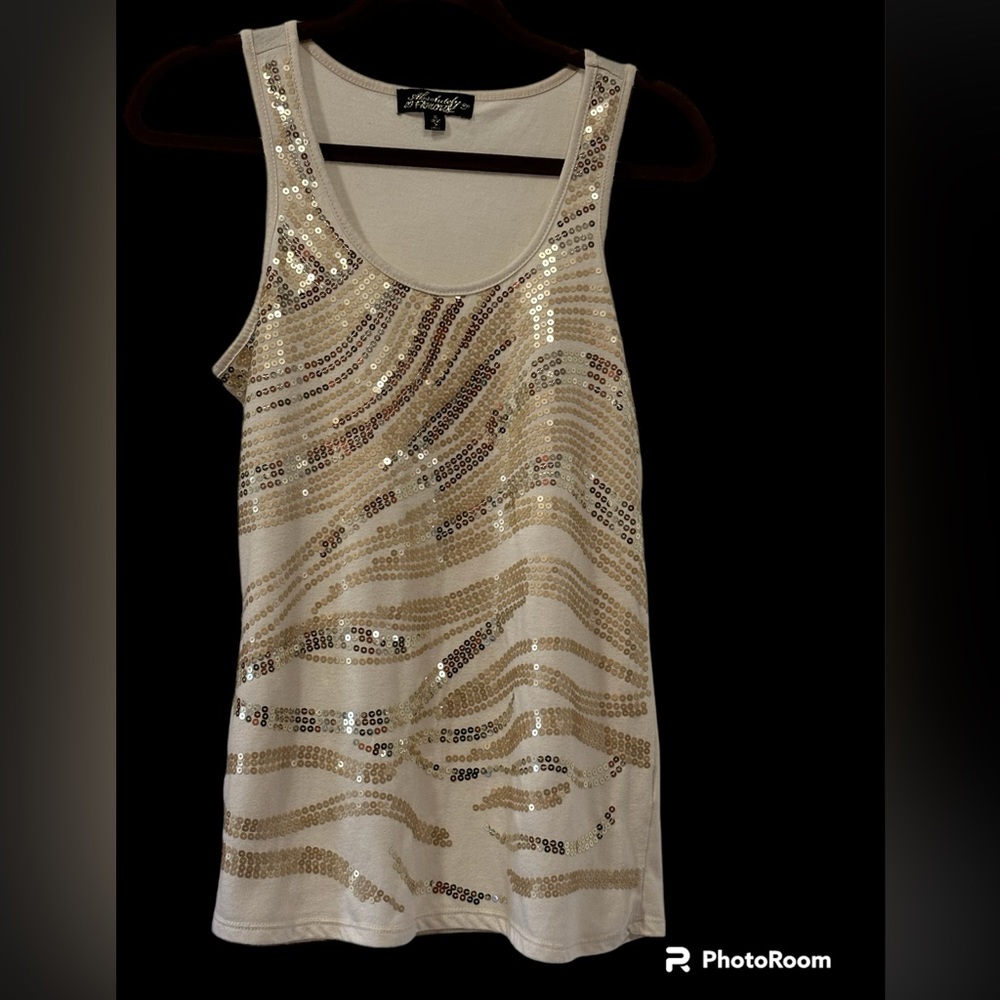 Absolutely Famous cream & gold sequin tank top Sz. S - Picture 2 of 6
